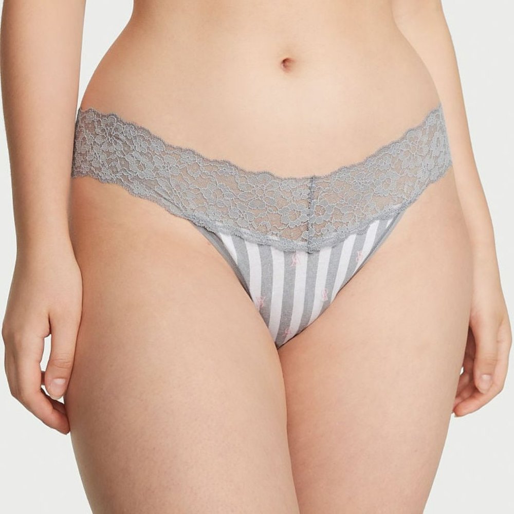 🆕Victoria's Secret Lace Waist Cotton Thong Panty Gray Stripe size Medium🆕